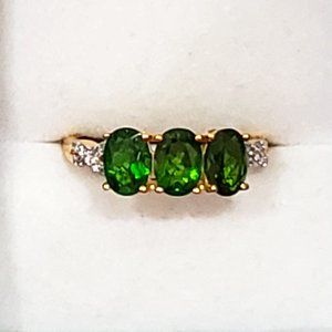 Natural Russian Diopside & White Zircon three stone ring in 14K YG over 925 sz 8